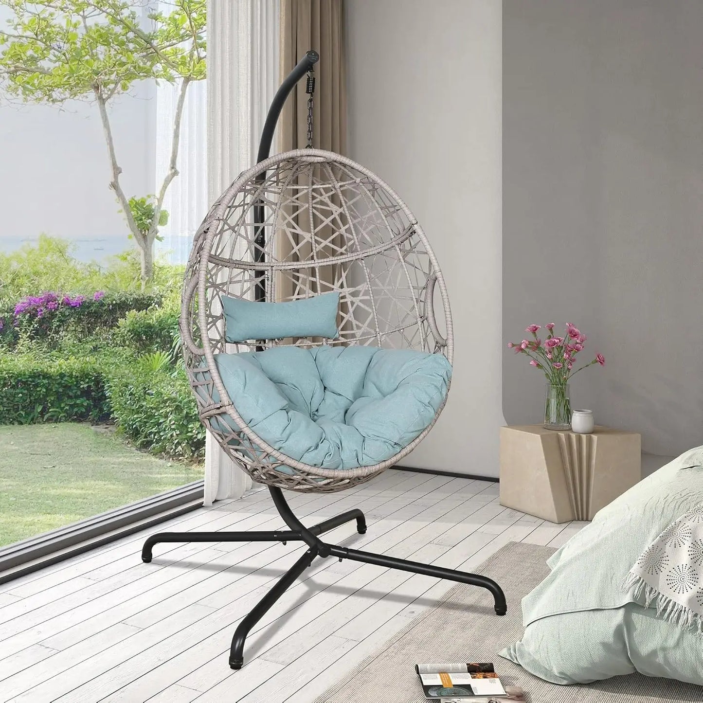 Hanging Chair, Rattan with Stand and Cushion for Bedroom