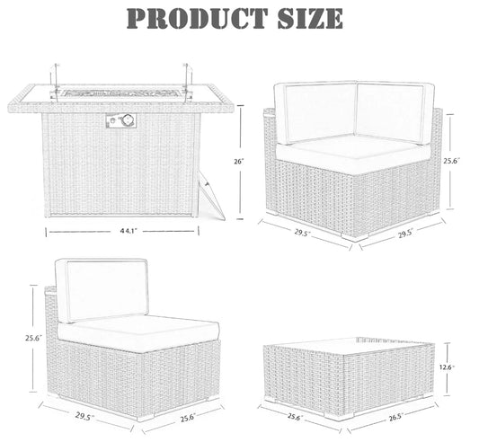 8 Pieces Patio Furniture Set Gas Fire Pit ,