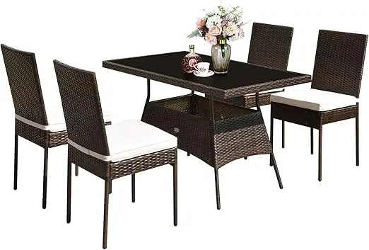 5 Piece Patio Wicker Dining Set, Tempered Glass & Padded Cushions