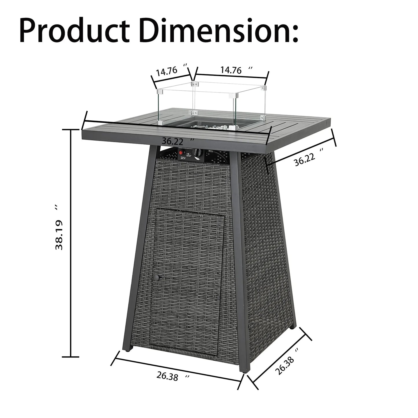 36" Square Fire Pit Table Outdoor Bar High Fire Tables Gas for Outside Patio Wicker Propane with Glass Fire Beads