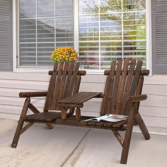 Wooden Adirondack Loveseat Chair withTable for Porch, Backyard