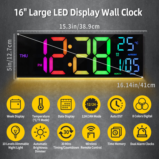 Digital Wall Clock, with Remote, Alarm, DST, Temperature