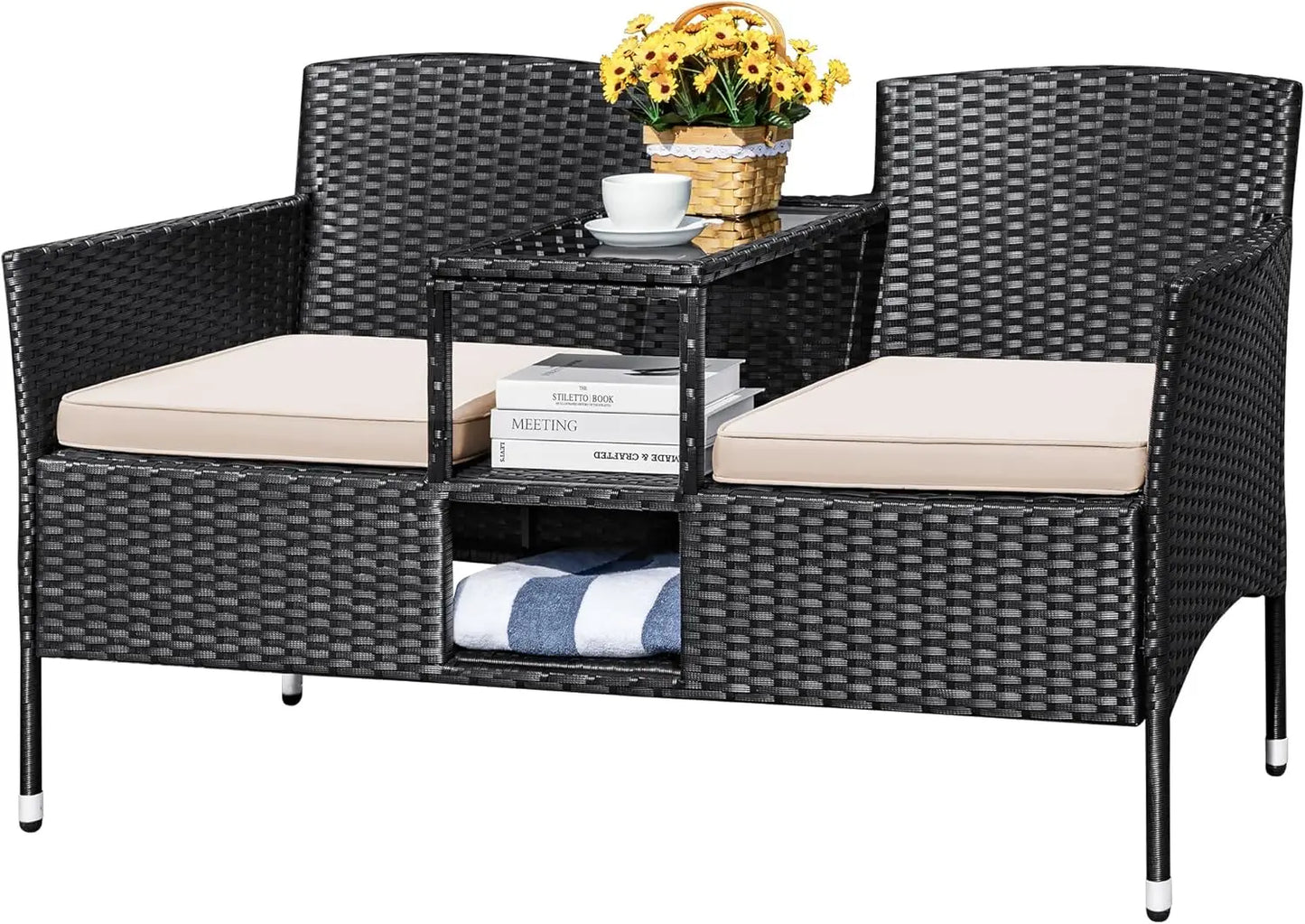 Patio Loveseat Set with Cushions & Built-in Table