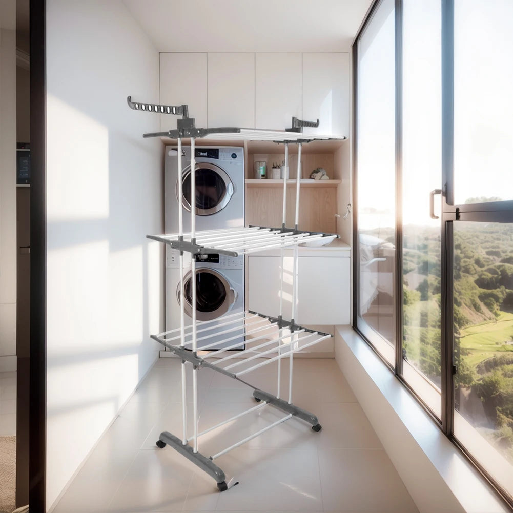 4-Tier Folding Drying Rack Free Standing Movable Laundry Rack with 4 Castors Laundry Drying Rack for Towels Clothes Shoes Linen