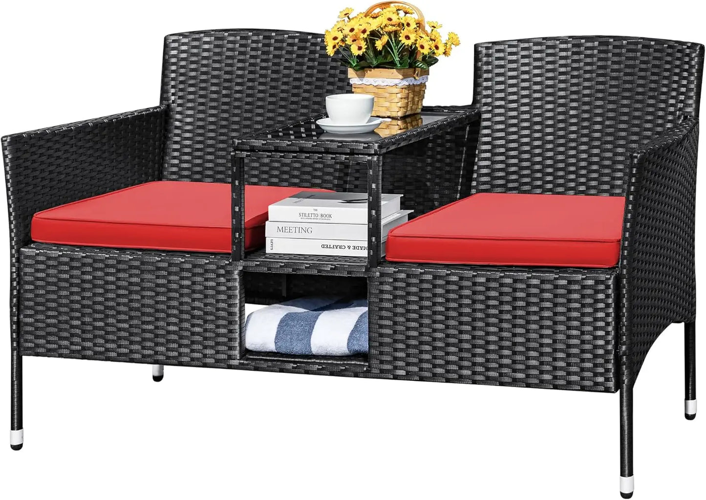Patio Loveseat Set with Cushions & Built-in  Table