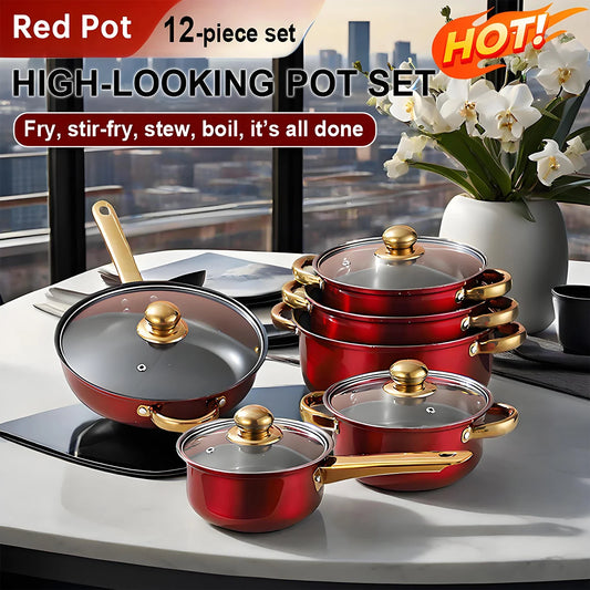 Red Cookware Set, 12-Piece ,Stainless Steel, Non-Stick