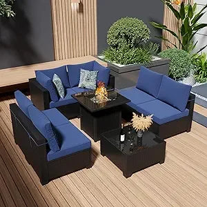 8-Piece Outdoor Wicker Sectional Sofa Set with Fire Pit Table and Comfortable Cushions