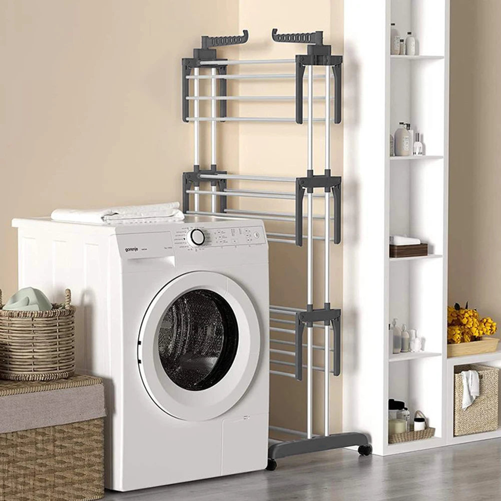 4-Tier Folding Drying Rack Free Standing Movable Laundry Rack with 4 Castors Laundry Drying Rack for Towels Clothes Shoes Linen