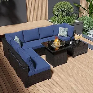 8-Piece Outdoor Wicker Sectional Sofa Set with Fire Pit Table and Comfortable Cushions