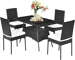 5 Piece Patio Wicker Dining Set, Tempered Glass & Padded Cushions