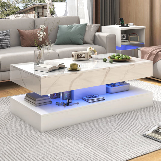 Coffee Table  LED lights, Double-Layer with 2 Storage Drawers