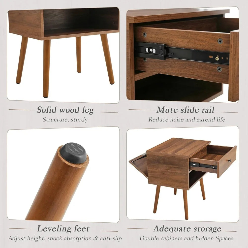 Hidden Compartment Nightstands, Mid Century Modern Concealment Furniture, Bedside Table with Wood Legs, End Table with Storage