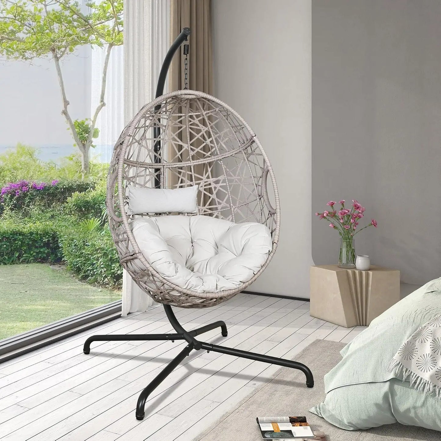 Hanging Chair, Rattan with Stand and Cushion for Bedroom