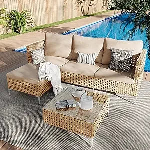 8-Piece Outdoor Wicker Sectional Sofa Set with Fire Pit Table and Comfortable Cushions