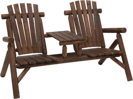 Wooden Adirondack Loveseat Chair withTable for Porch, Backyard