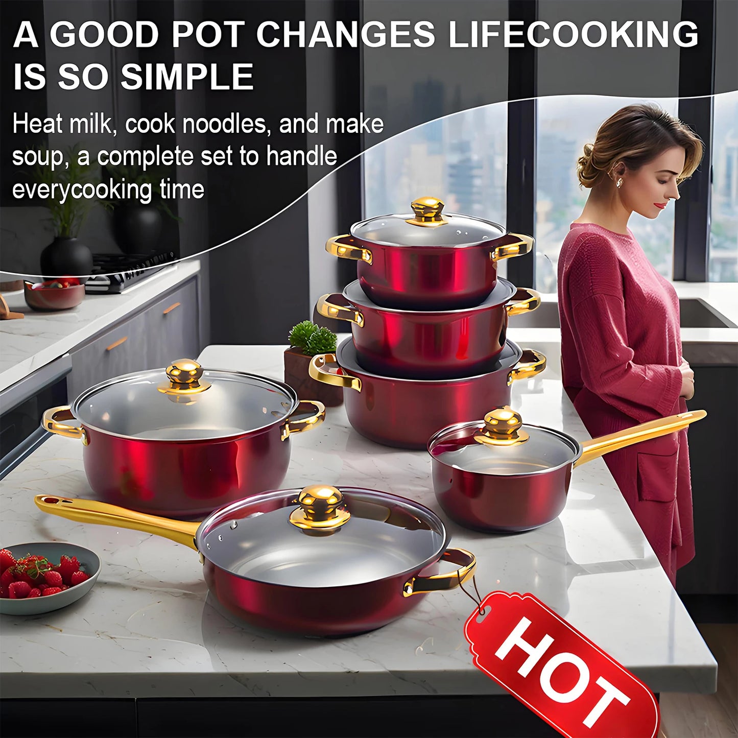 Red Cookware Set, 12-Piece ,Stainless Steel, Non-Stick