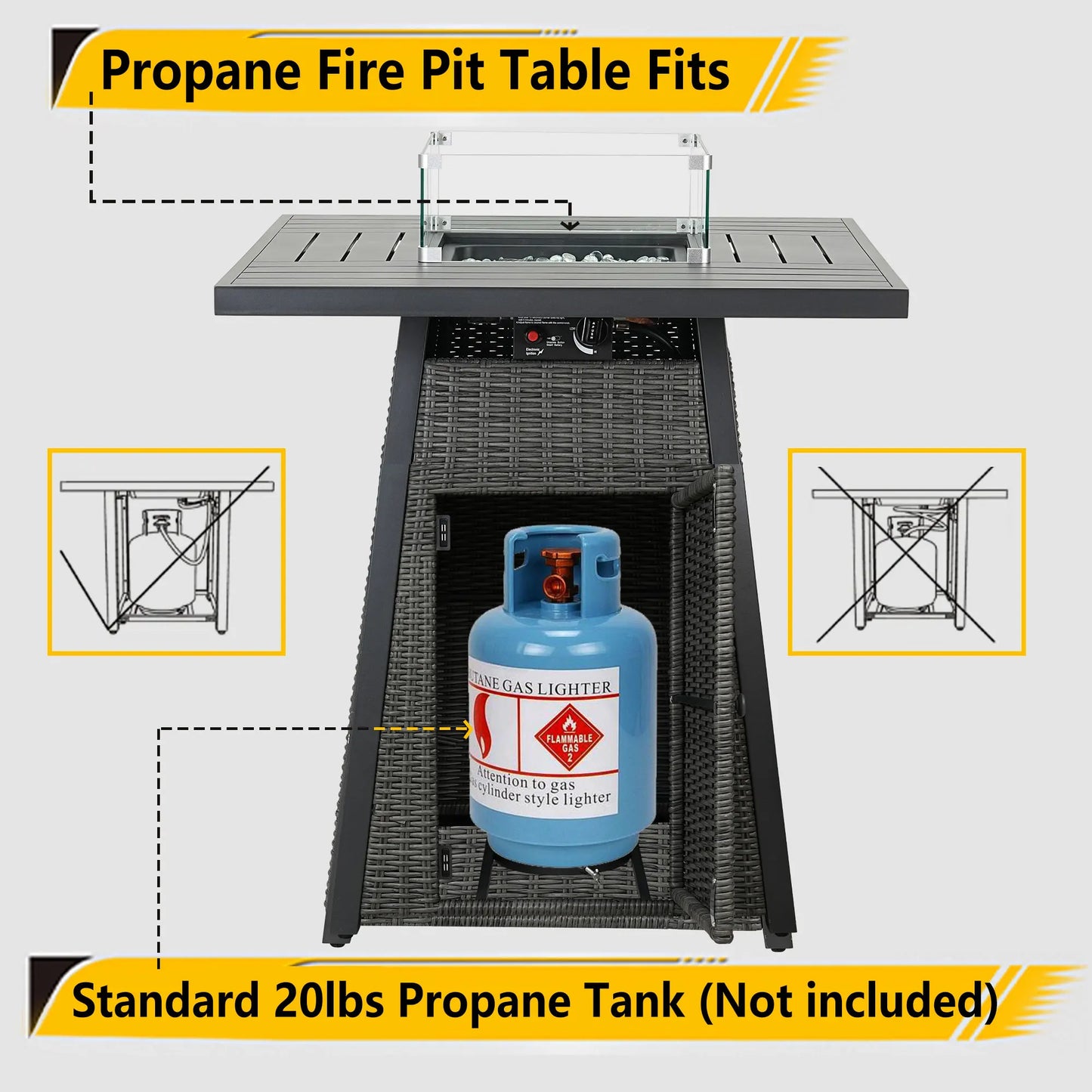 36" Square Fire Pit Table Outdoor Bar High Fire Tables Gas for Outside Patio Wicker Propane with Glass Fire Beads