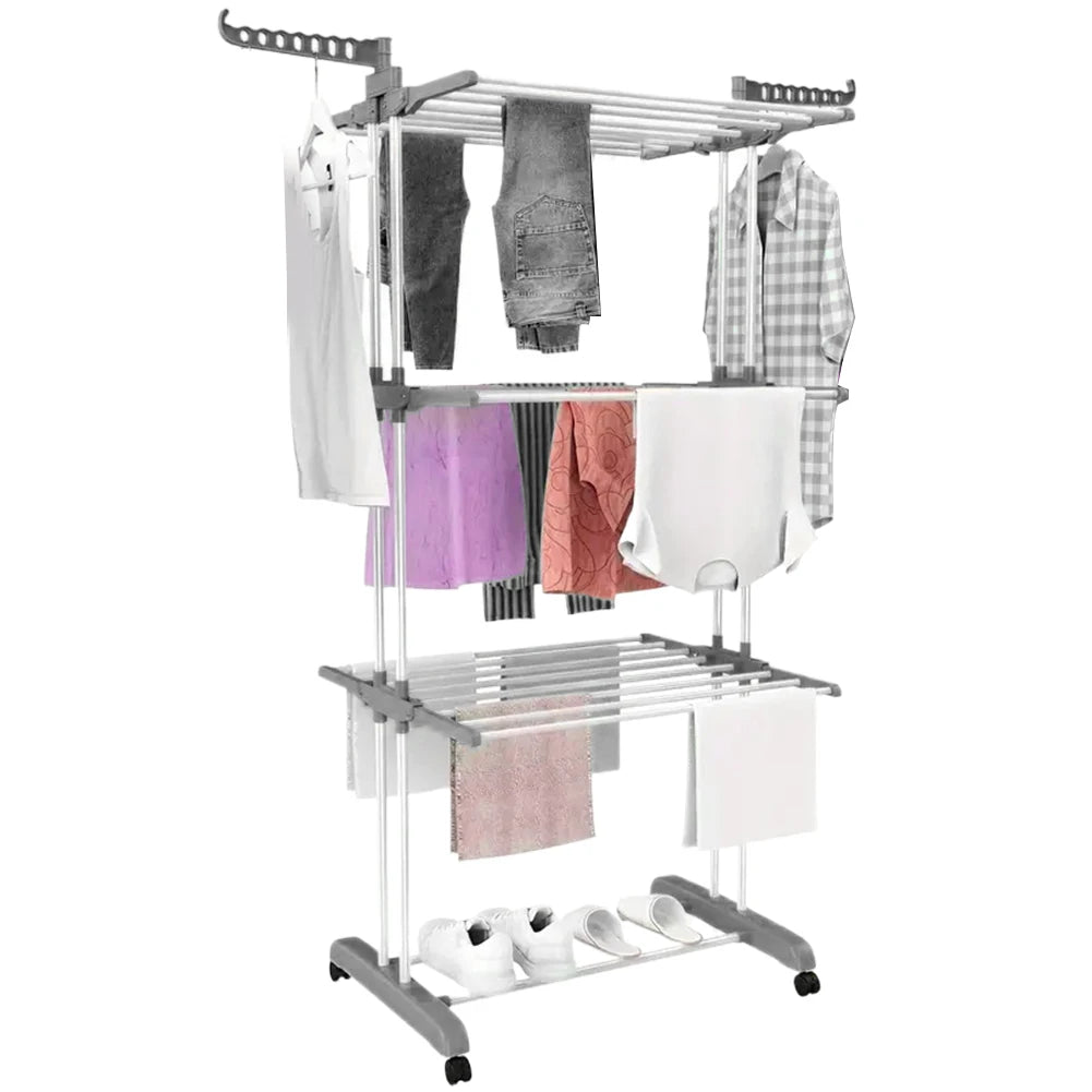 4-Tier Folding Drying Rack Free Standing Movable Laundry Rack with 4 Castors Laundry Drying Rack for Towels Clothes Shoes Linen