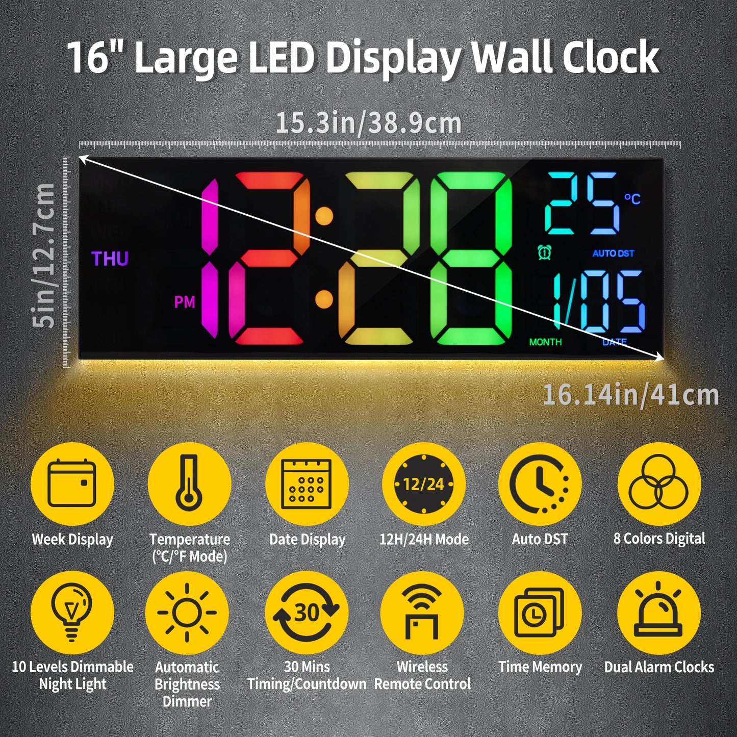 Digital Wall Clock, with Remote, Alarm, DST, Temperature