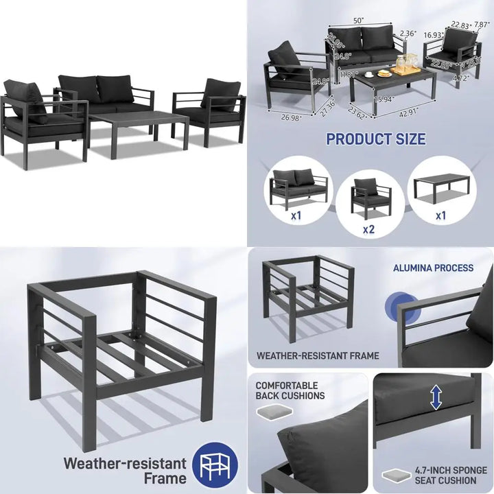 4-Seat Aluminum Outdoor Sectional Furniture Set with Thick Washable Cushions and Coffee Table for Patio Conversation Areas