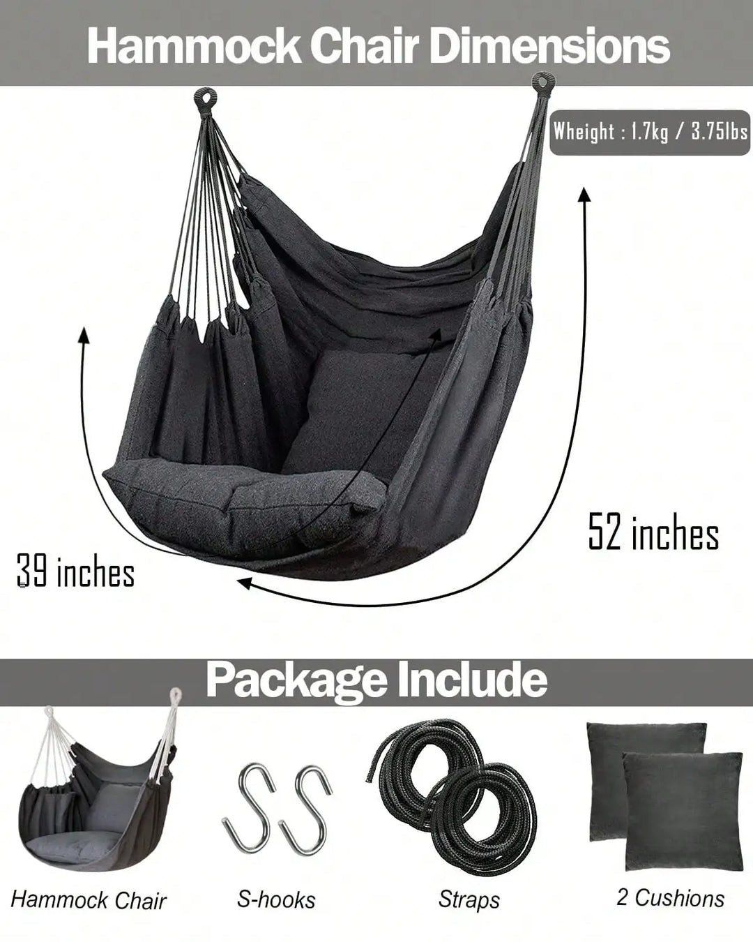 Hanging Hammock Chair Rope Swing 2 Cushions Included