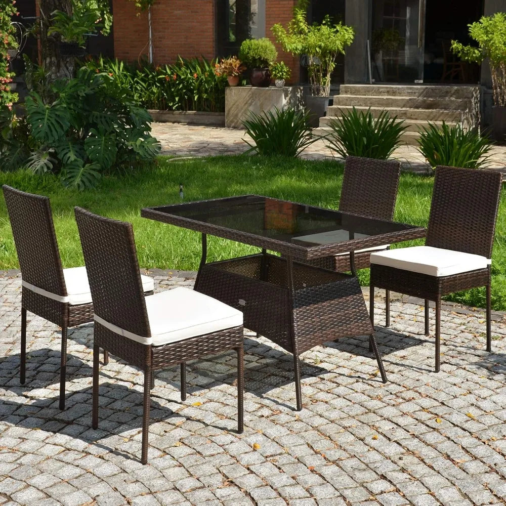 5 Piece Patio Wicker Dining Set, Tempered Glass & Padded Cushions