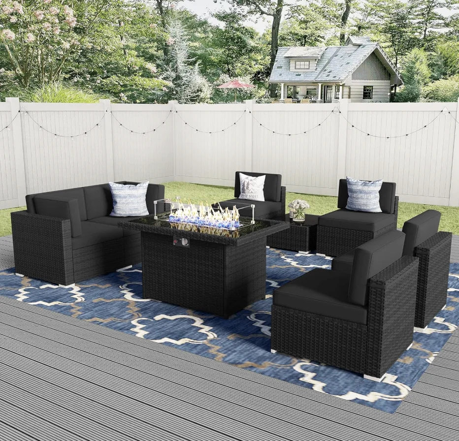 8 Pieces Patio Furniture Set Gas Fire Pit ,
