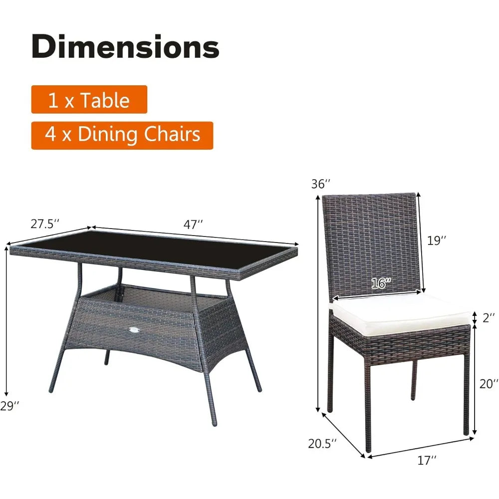 5 Piece Patio Wicker Dining Set, Tempered Glass & Padded Cushions