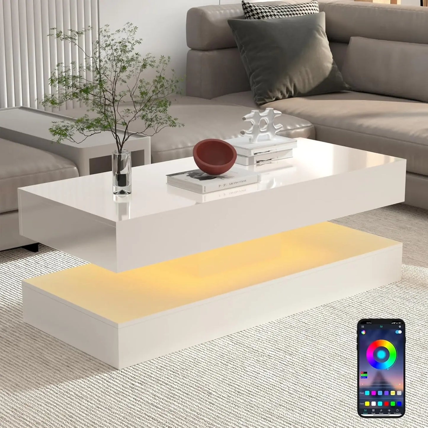 Coffee Table  LED lights, Double-Layer with 2 Storage Drawers