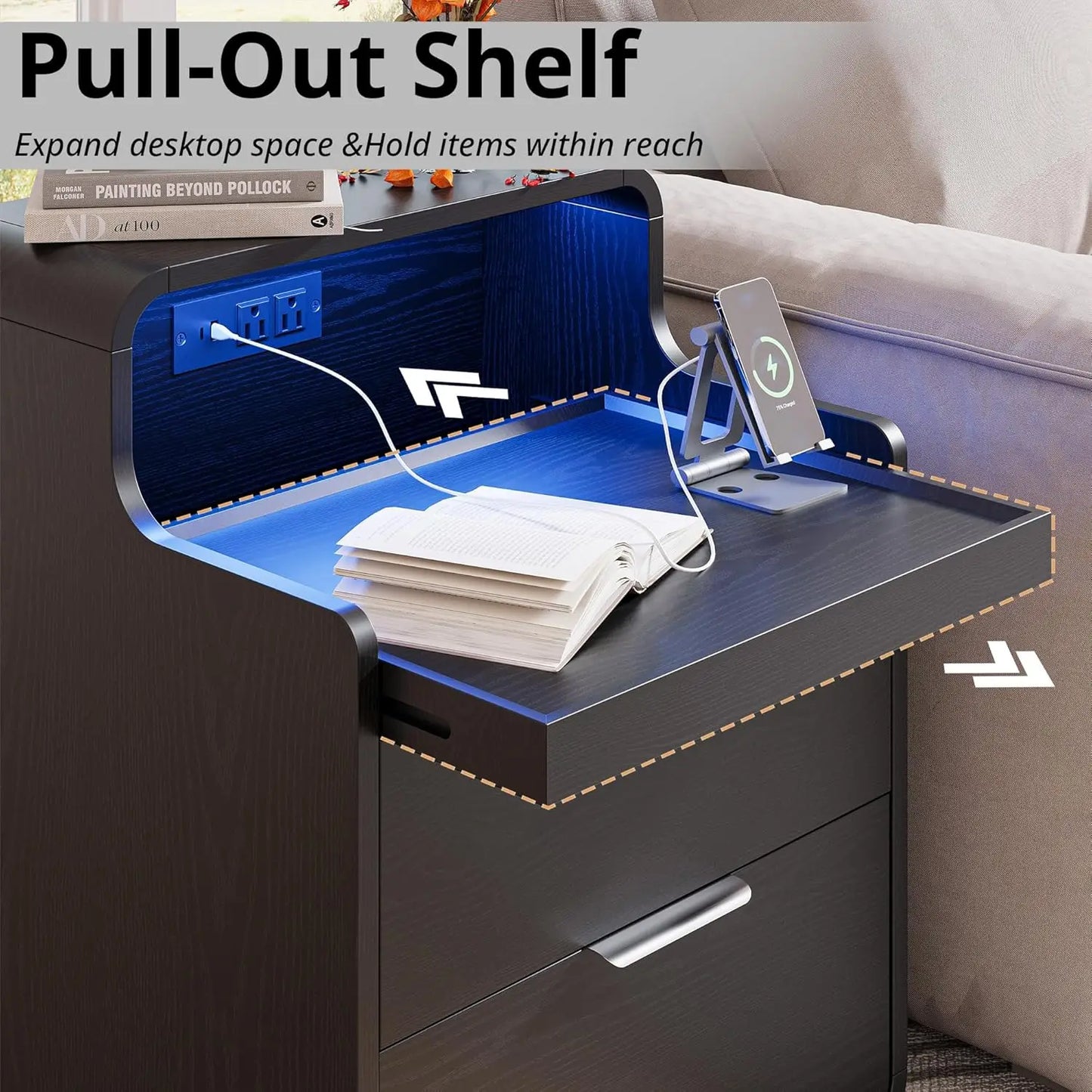 Nightstand with Charging Station and LED Lights,  Pull-Out Shelf