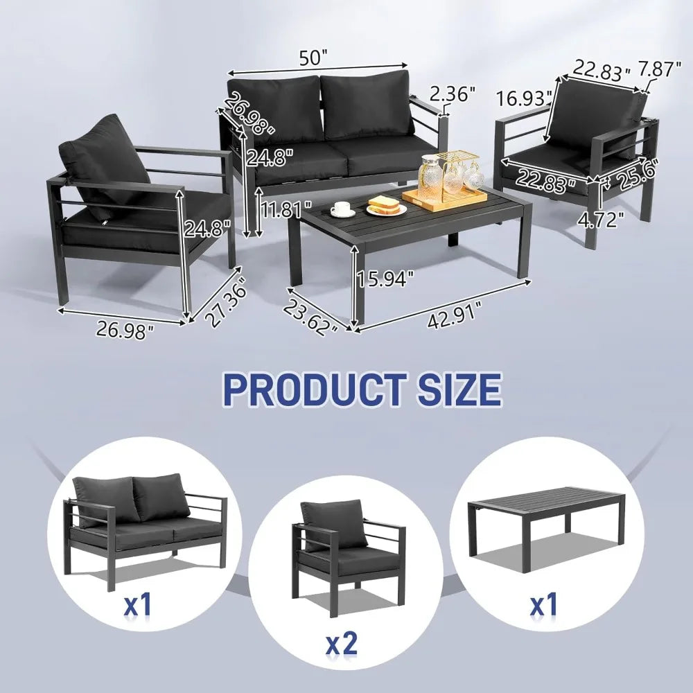 4-Seat Aluminum Outdoor Sectional Furniture Set with Thick Washable Cushions and Coffee Table for Patio Conversation Areas