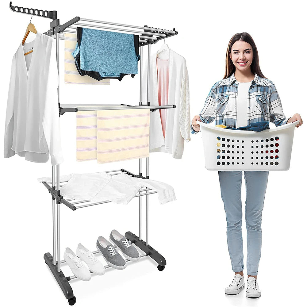 4-Tier Folding Drying Rack Free Standing Movable Laundry Rack with 4 Castors Laundry Drying Rack for Towels Clothes Shoes Linen