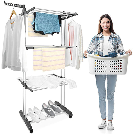 4-Tier Folding Drying Rack Free Standing Movable Laundry Rack with 4 Castors Laundry Drying Rack for Towels Clothes Shoes Linen
