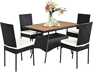 5 Piece Patio Wicker Dining Set, Tempered Glass & Padded Cushions