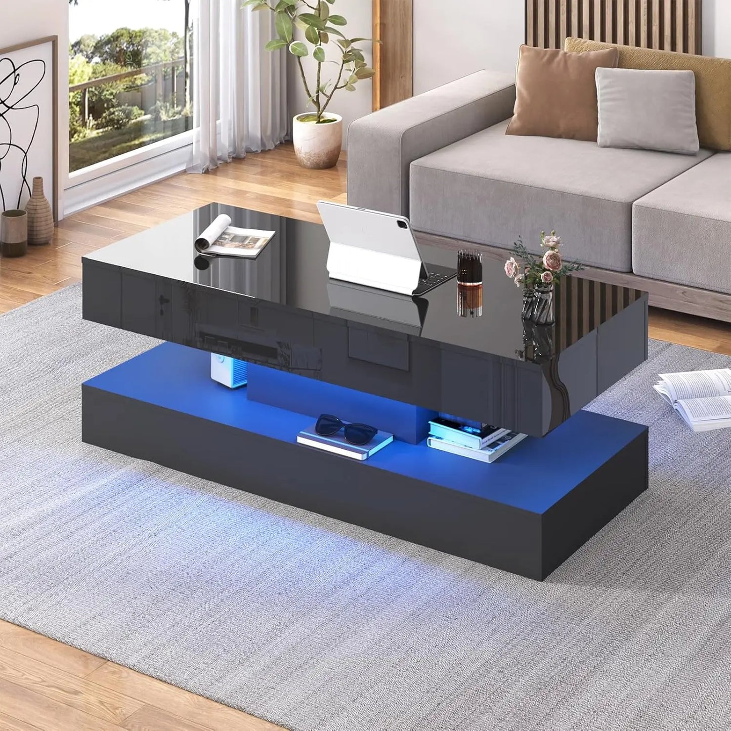 Coffee Table  LED lights, Double-Layer with 2 Storage Drawers