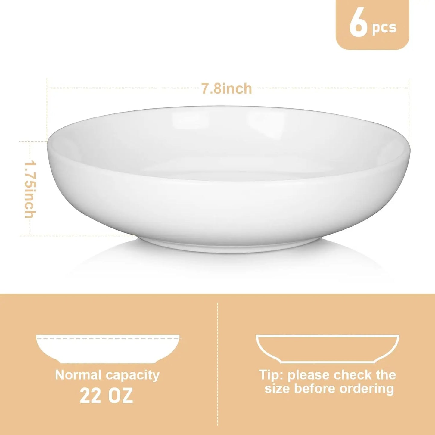 22 Ounce Porcelain Pasta Bowls Set 6 Pack