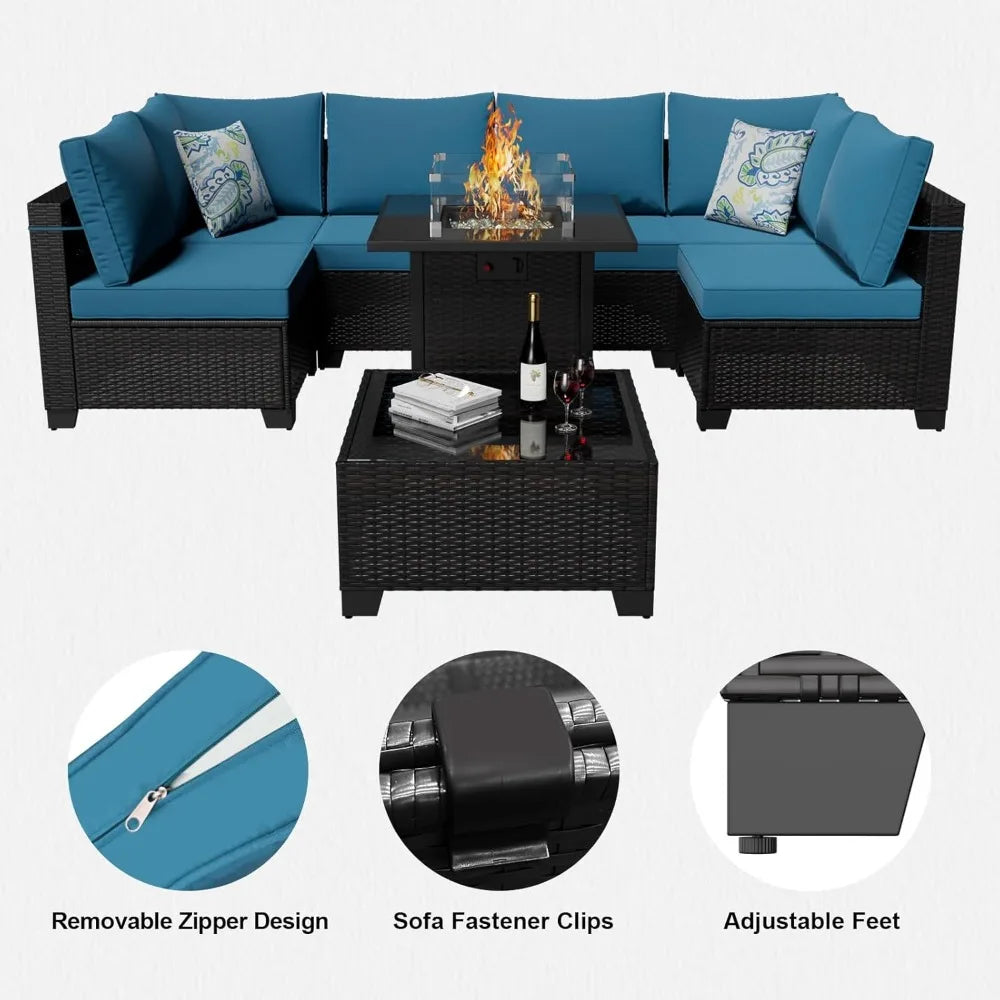 8-Piece Outdoor Wicker Sectional Sofa Set with Fire Pit Table and Comfortable Cushions