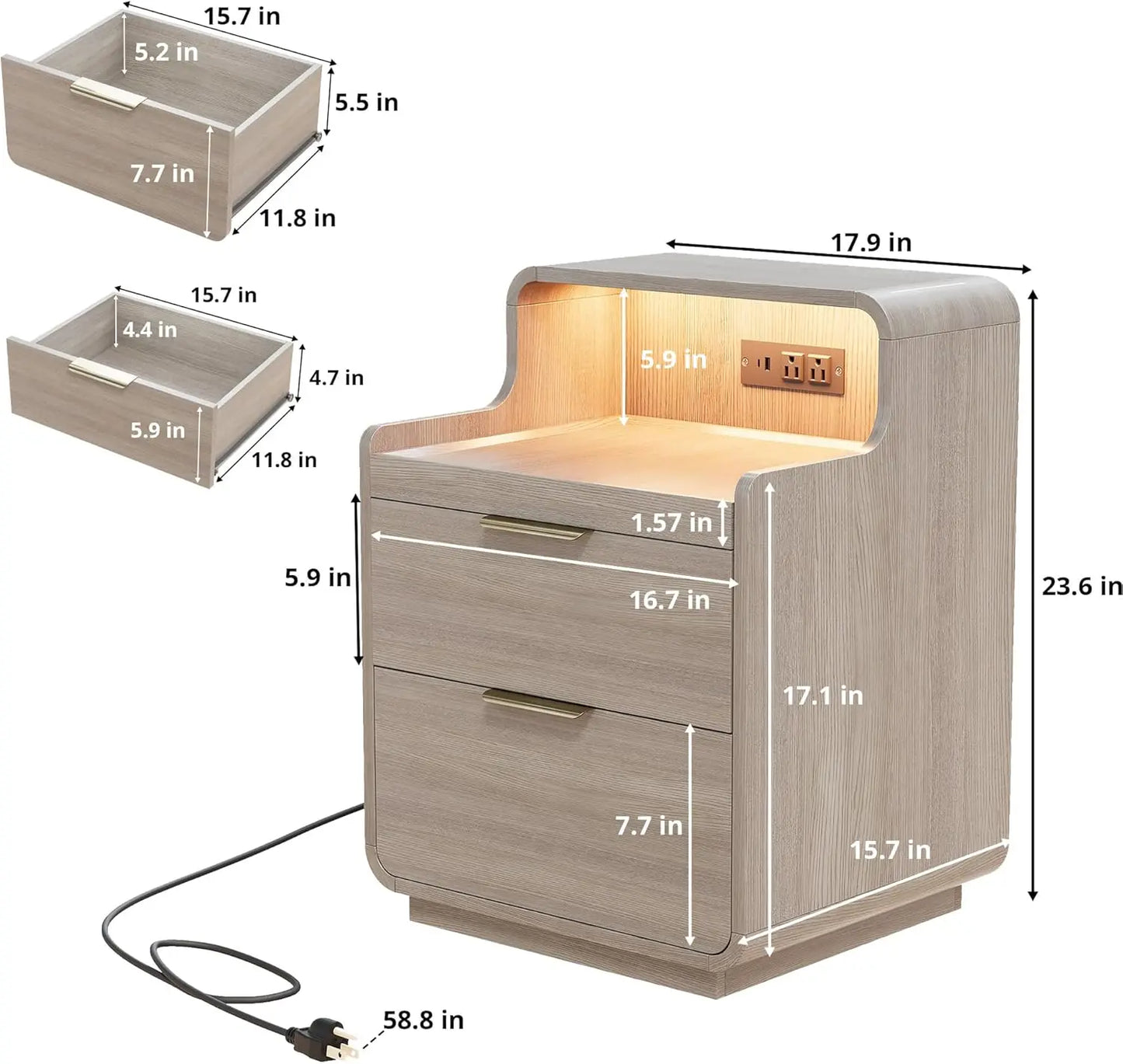 Nightstand with Charging Station and LED Lights,  Pull-Out Shelf