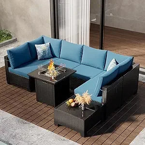 8-Piece Outdoor Wicker Sectional Sofa Set with Fire Pit Table and Comfortable Cushions