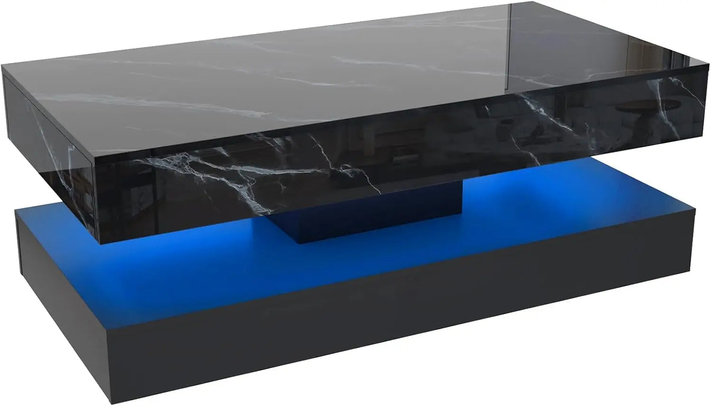 Coffee Table  LED lights, Double-Layer with 2 Storage Drawers