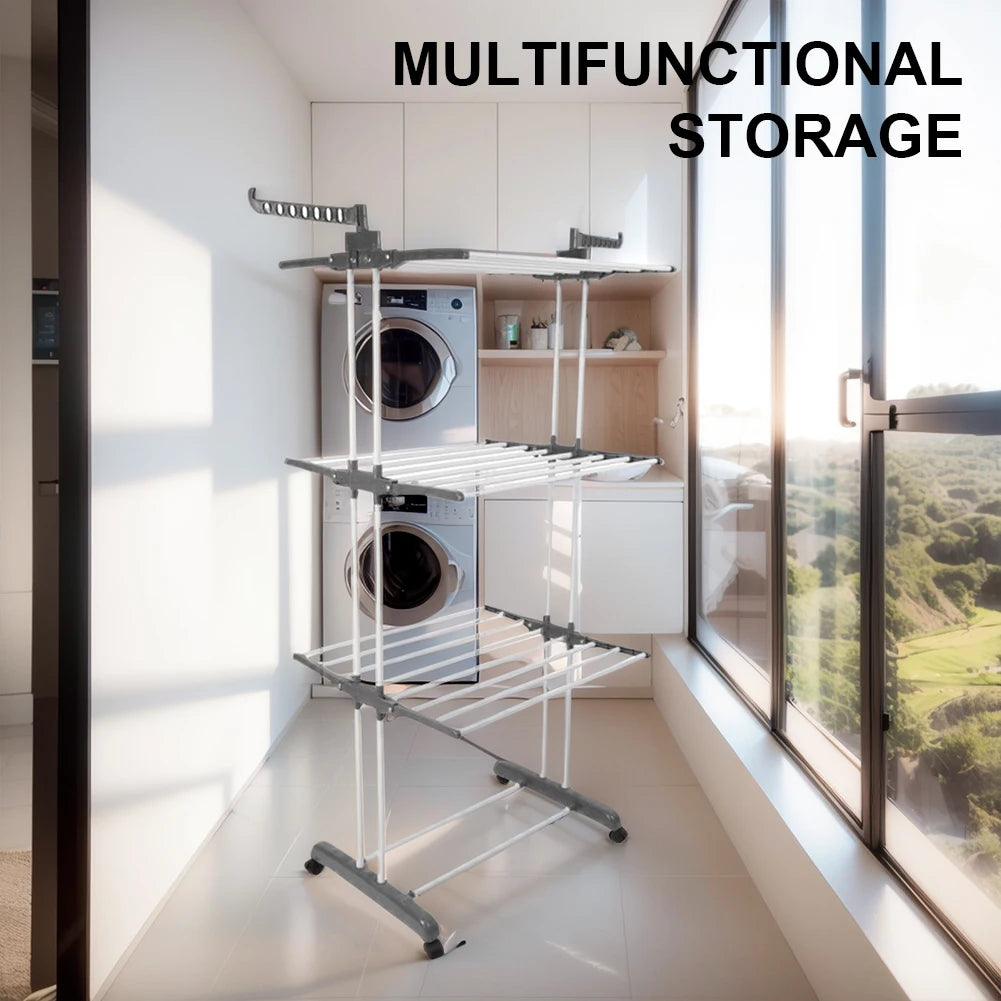 4-Tier Folding Drying Rack Free Standing Movable Laundry Rack with 4 Castors Laundry Drying Rack for Towels Clothes Shoes Linen