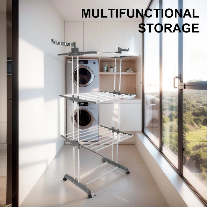4-Tier Folding Drying Rack Free Standing Movable Laundry Rack with 4 Castors Laundry Drying Rack for Towels Clothes Shoes Linen