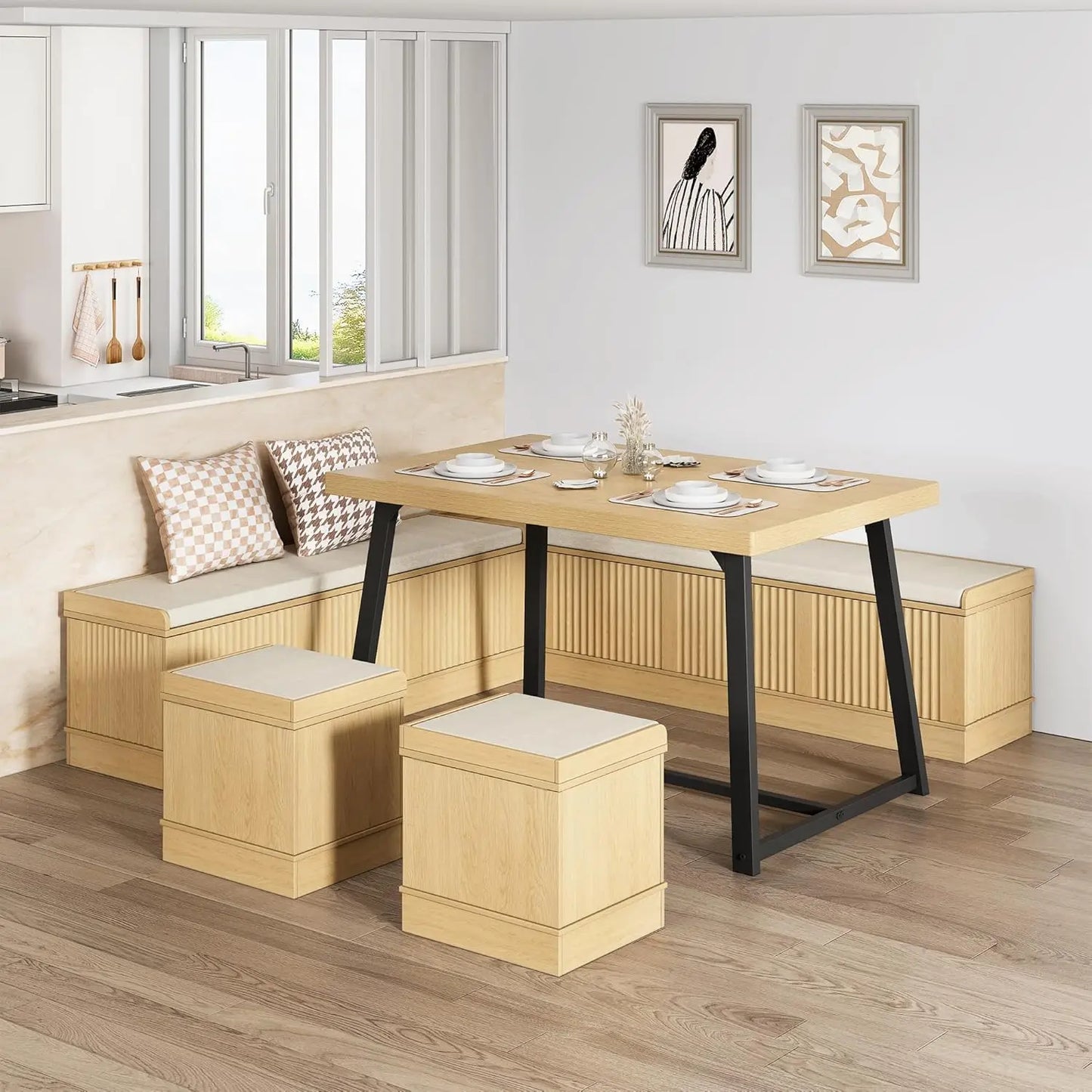 Corner Dining Table Set with Storage Stool