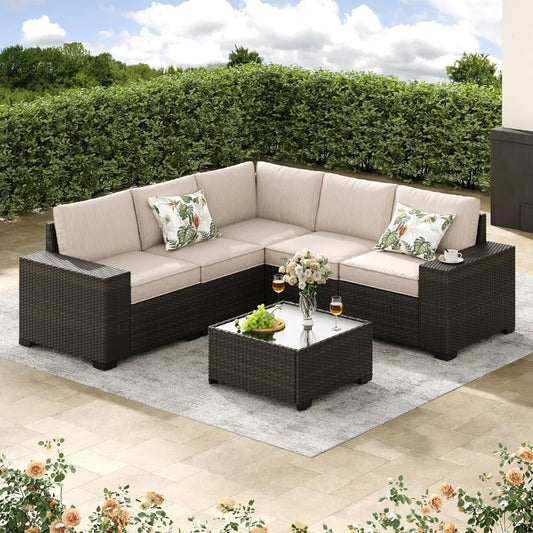 6-Piece Patio , All-Weather Sectional Sofa , Glass Table
