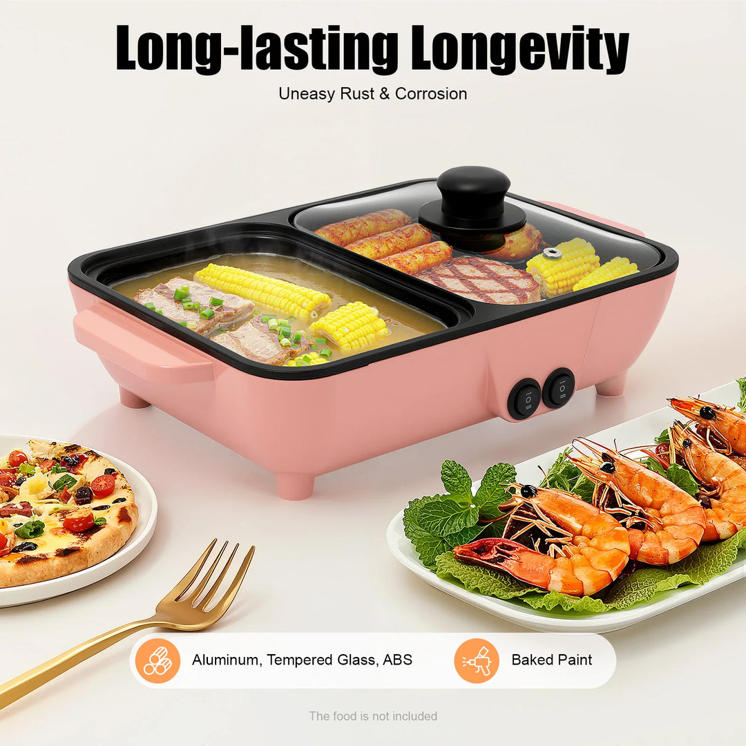 2-in-1 Electric Hot Pot Grill 1200W Dual Temp Non-Stick Electric Hot Pot for Boiling & Frying, Family-size( for 1-4 Person)