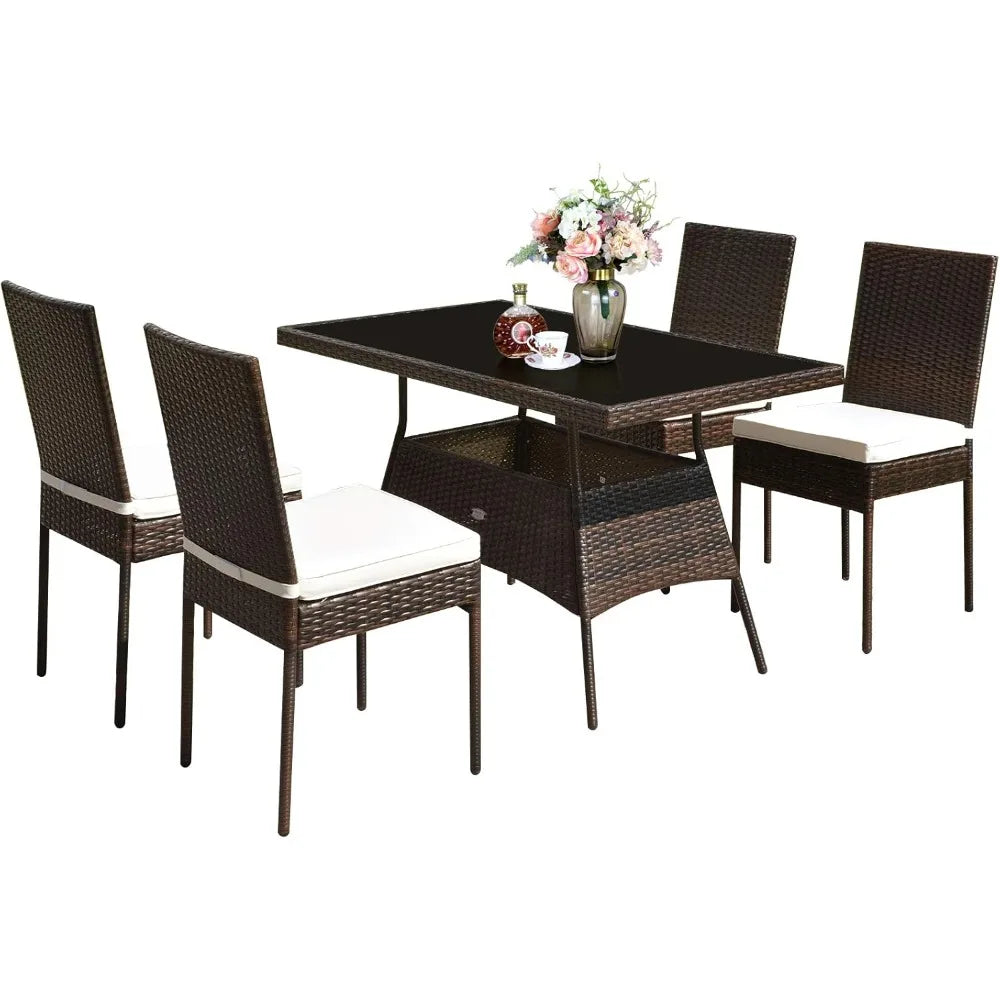 5 Piece Patio Wicker Dining Set, Tempered Glass & Padded Cushions