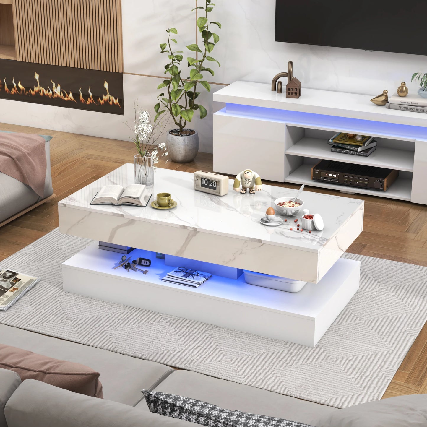 Coffee Table  LED lights, Double-Layer with 2 Storage Drawers
