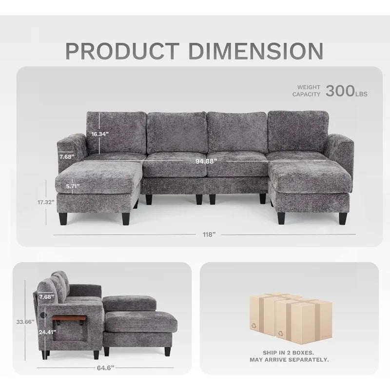 U-Shaped  Couch,  with 2 Ottomans and Foldable Side Table