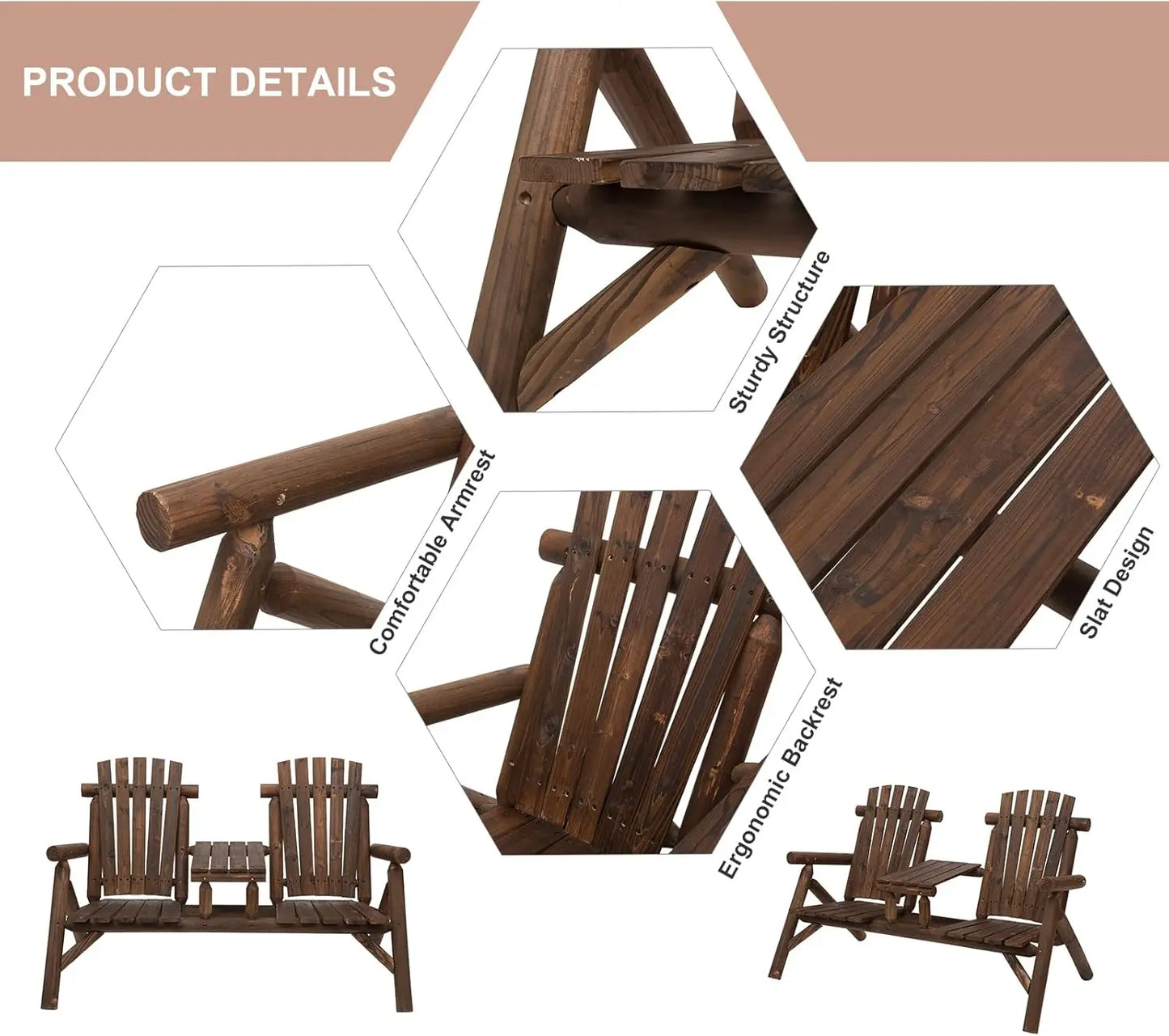 Wooden Adirondack Loveseat Chair withTable for Porch, Backyard
