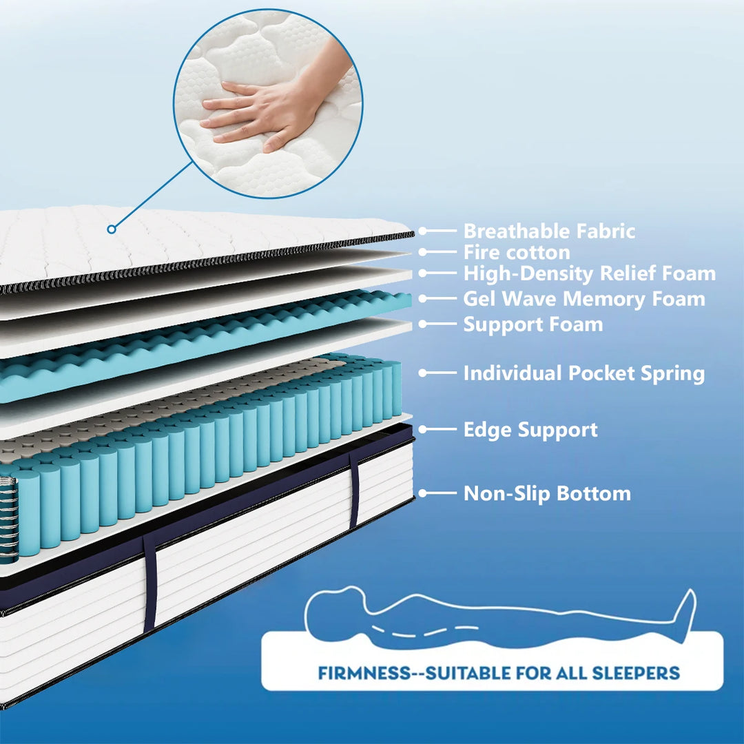 Queen Size Mattress Gel Memory Foam Pressure Relief,